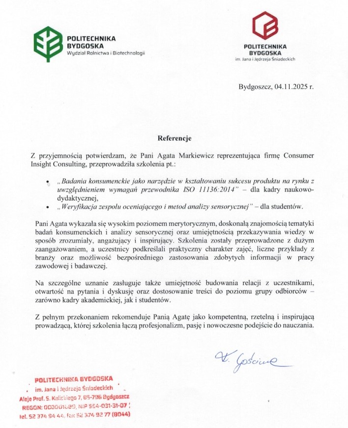 referencje od Politechniki Bydgoskiej dla firmy Consumer Insight Consulting